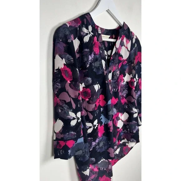 Rebecca Taylor Size‎ 2 Black Floral 100% Silk Tunic Blouse 3/4 Sleeves High Low - Picture 4 of 9